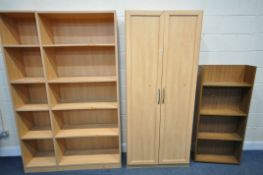 A MODERN BEECH TWO DOOR BOOKCASE, width 85cm x depth 36cm x height 196cm, along with another