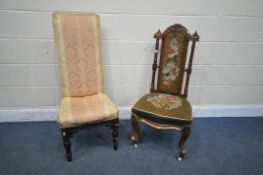 A VICTORIAN WALNUT NEEDLEWORK CHAIR, with reeded uprights, on ceramic casters, and another high back