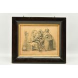 A 19TH CENTURY ILLUSTRATION DEPICTING THREE MALE FIGURES IN A TAVERN, initialled H.C.M lower middle,
