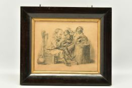 A 19TH CENTURY ILLUSTRATION DEPICTING THREE MALE FIGURES IN A TAVERN, initialled H.C.M lower middle,