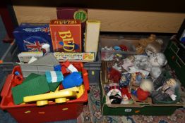 THREE BOXES OF TOYS AND GAMES, to include a box of assorted Lego and Duplo blocks, puzzles including