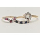 THREE 9CT GOLD GEM SET RINGS, to include a blue and colourless cubic zirconia half eternity ring,