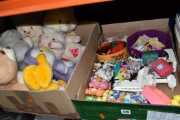 TWO BOXES OF CARE BEARS AND MATTEL DOLLS, to include five 1990's Mattel Barbie Kelly Club dolls with