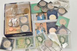 A SHOE BOX OF UK COINS AND COMMEMORATIVES, to include some early worn silver gothic Florins x2,