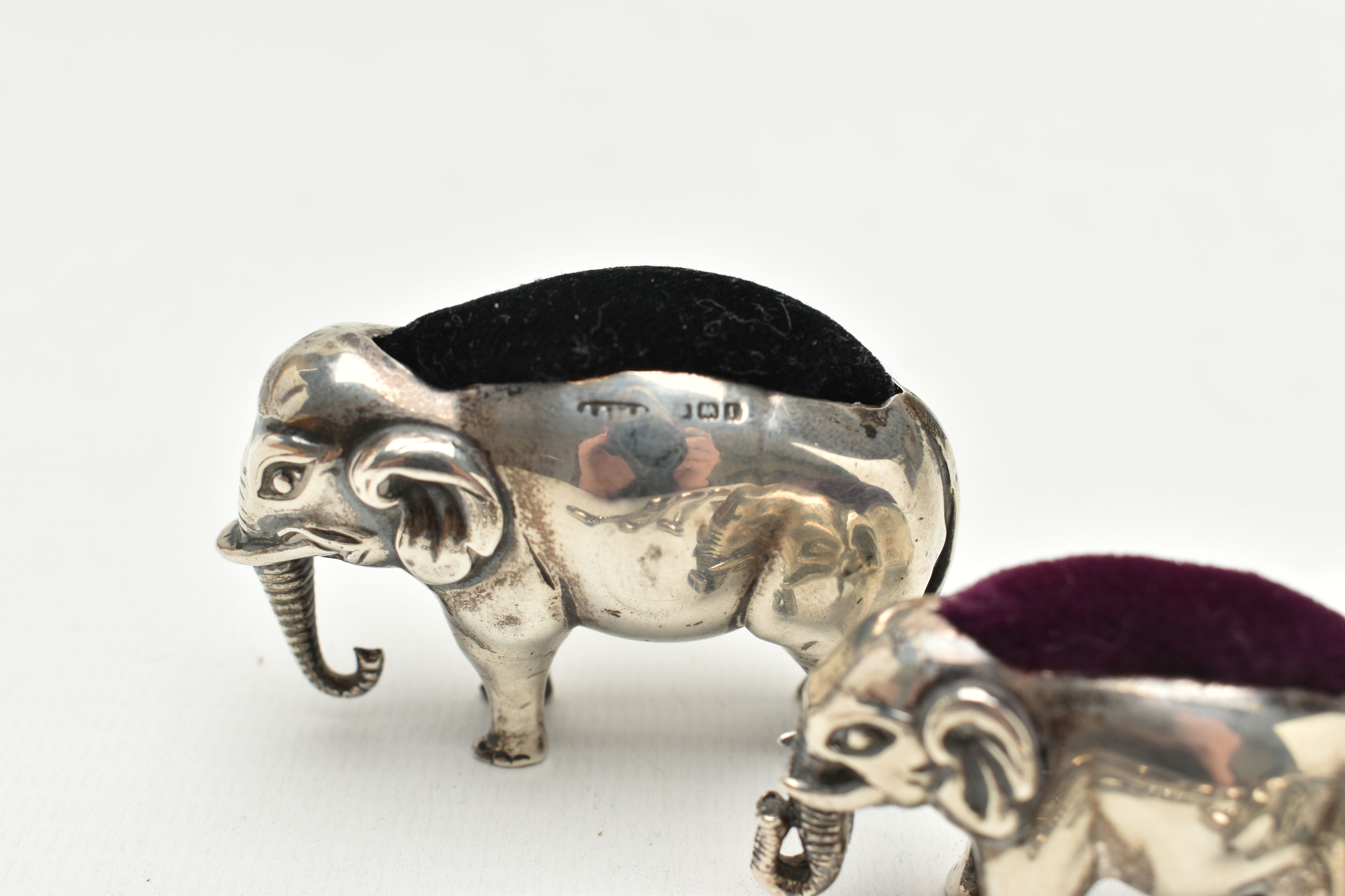 AN EDWARDIAN SILVER ELEPHANT PIN CUSHION, TWO OTHERS AND FOUR SPOONS, realistically stylised - Image 2 of 3