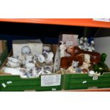 TWO BOXES OF TEAWARE AND CERAMICS, to include two bull figures, a boxed Coalport Ladies of