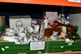 TWO BOXES OF TEAWARE AND CERAMICS, to include two bull figures, a boxed Coalport Ladies of