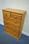 A TALL PINE CHEST OF TWO OVER FOUR DRAWERS, width 81cm x depth 46cm x height 114cm (condition:-