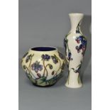 TWO MOORCROFT POTTERY VASES, comprising a bulbous vase in the 'Hepatica' pattern, tube lined with