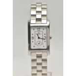 A BAUME & MERCIER STAINLESS STEEL WRISTWATCH, the rectangular head with white face, Arabic