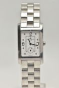 A BAUME & MERCIER STAINLESS STEEL WRISTWATCH, the rectangular head with white face, Arabic