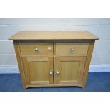 A MODERN LIGHT OAK SIDEBOARD, with two drawers, over double cupboard doors, width 98cm x depth