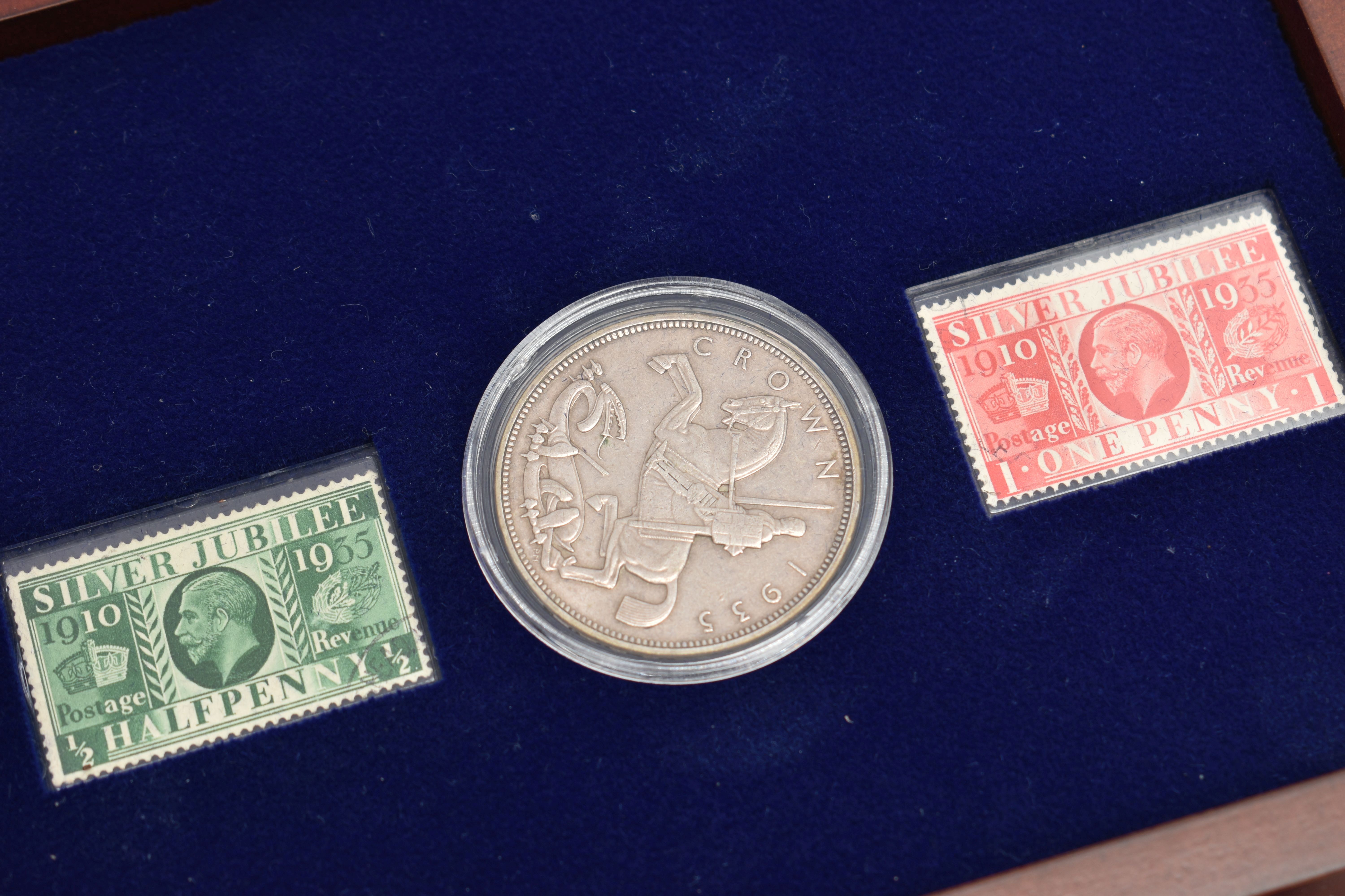 A GLAZED DISPLAY BOX THREE DECADES of GEORGE V STAMP AND COIN SET, to include four trays of silver - Image 16 of 18