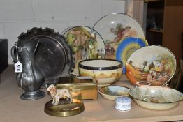 A COLLECTION OF ROYAL DOULTON 'RUSTIC ENGLAND' PLATES AND SUNDRIES, comprising a pewter pitcher, a
