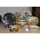 A COLLECTION OF ROYAL DOULTON 'RUSTIC ENGLAND' PLATES AND SUNDRIES, comprising a pewter pitcher, a