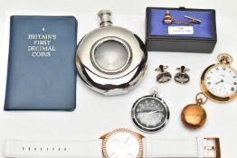 A BOX OF ASSORTED ITEMS, to include a 'Smiths' open face pocket watch, a 'Avalon' pocket watch, a