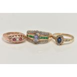 THREE GEM SET RINGS, to include a blue sapphire and diamond cluster ring, hallmarked 9ct