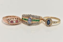 THREE GEM SET RINGS, to include a blue sapphire and diamond cluster ring, hallmarked 9ct