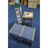 A BEECH HIGH STOOL, a blue traveling trunk, and two rugs (condition:-stool well water damaged,