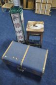 A BEECH HIGH STOOL, a blue traveling trunk, and two rugs (condition:-stool well water damaged,
