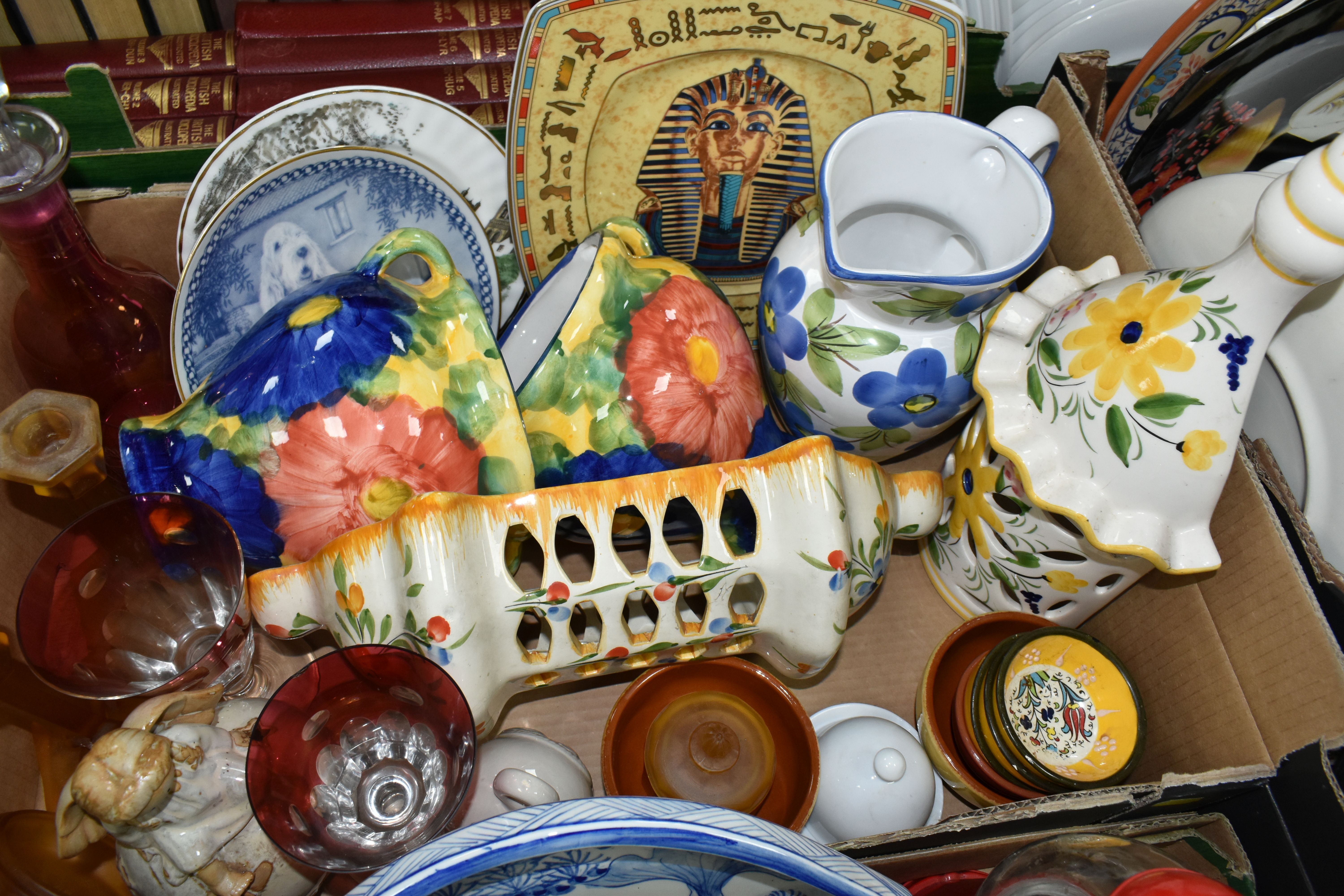 FOUR BOXES OF CERAMICS, GLASS, METAL WARES AND SUNDRY ITEMS, to include a red cut to clear - Image 5 of 6