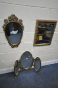 THREE VARIOUS GILT MIRRORS, to include a triple dressing mirror, and two wall mirrors (3)