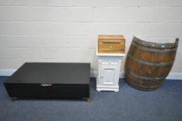 A HALF COOPERED BARREL, along with a black storage coffee table, width 120cm x depth 62cm x height
