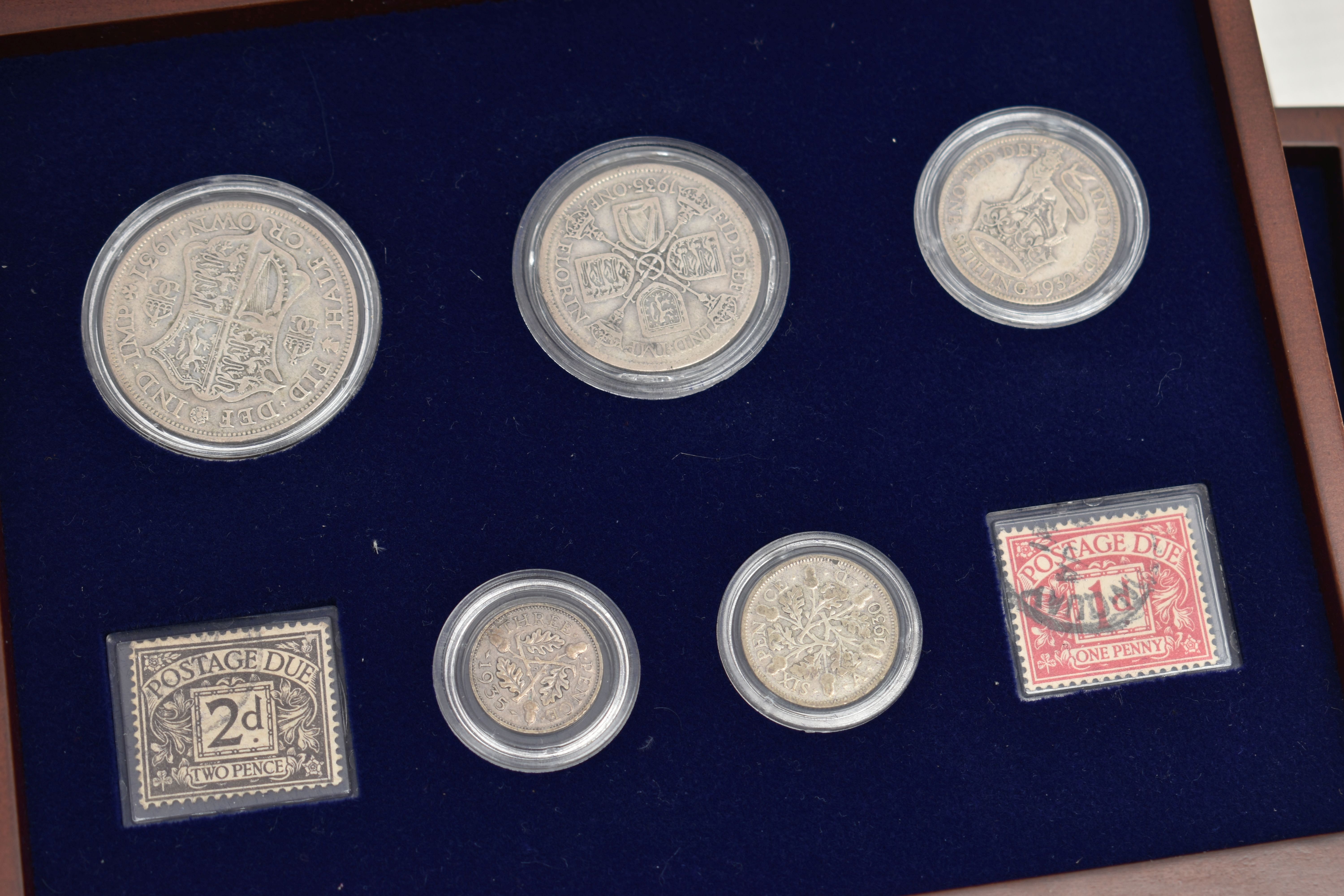 A GLAZED DISPLAY BOX THREE DECADES of GEORGE V STAMP AND COIN SET, to include four trays of silver - Image 17 of 18