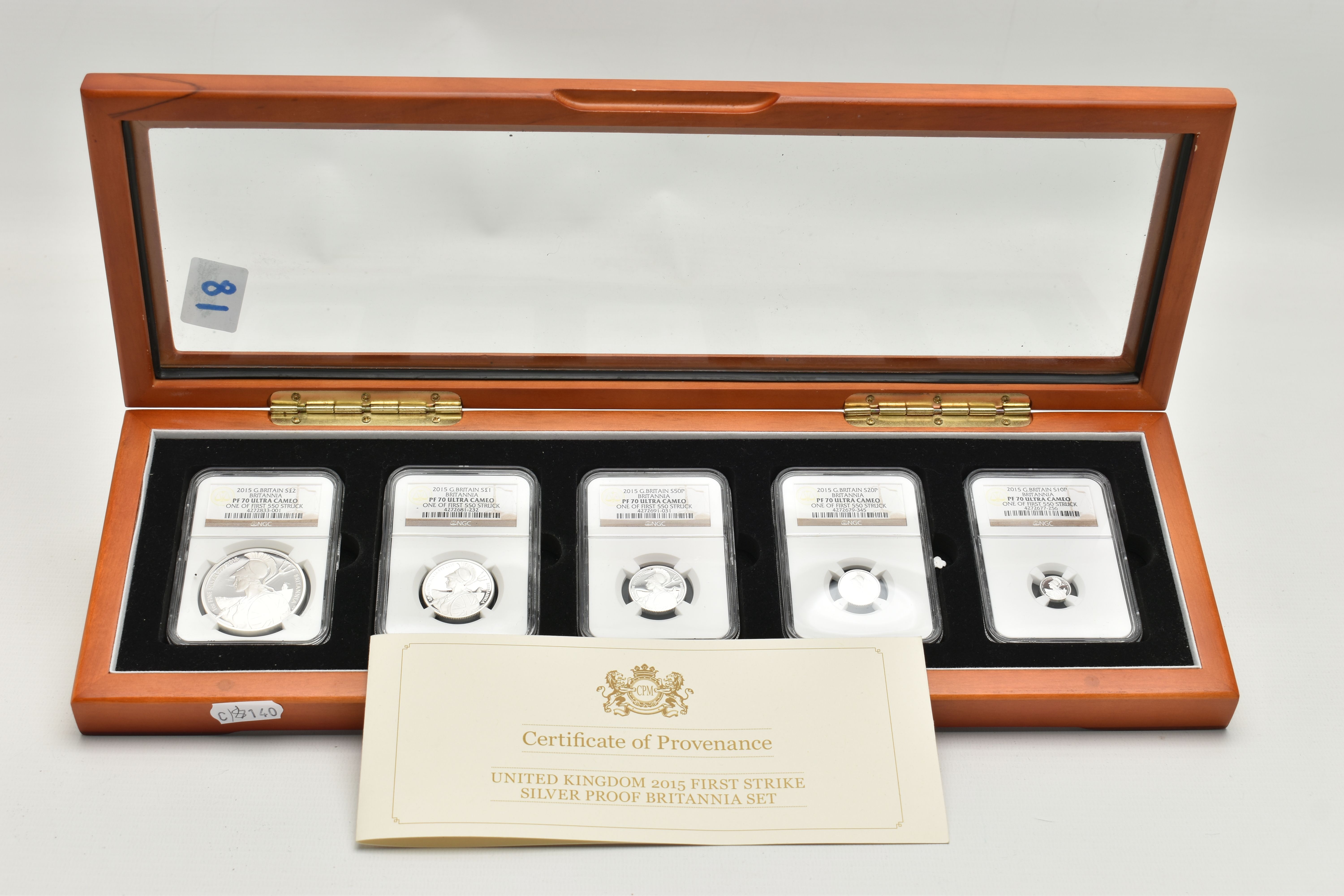 A UNITED KINGDOM 2015 FIRST STRIKE SILVER PROOF BRITANNIA SET, to include all coins slabbed and