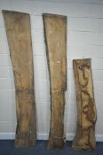THREE SEASONED LIVE EDGE WOOD LENGTHS, longest length 248cm (condition:-historical woodworm)