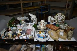 TWO BOXES AND LOOSE ORNAMENTS AND CERAMICS ETC, to include Christmas plates by Aynsley, Masons and