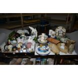 TWO BOXES AND LOOSE ORNAMENTS AND CERAMICS ETC, to include Christmas plates by Aynsley, Masons and