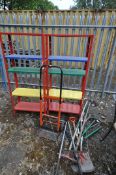 TWO MULTI COLOURED SHELVING UNITS, along with a selection of garden tools and a sack truck (