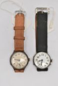 TWO EARLY/MID 20TH CENTURY SILVER WRISTWATCHES, the first with manual wind movement, round white