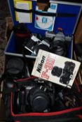 A BOX OF CAMERAS AND CAMERA EQUIPMENT, to include a Nikon F-301 fitted with a 28-70mm f3.5-4.5