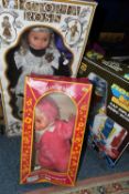 ONE BOX OF VINTAGE DOLLS AND BOARD GAMES, to include a boxed Soltoys Ltd. 'Laugh And Cry Baby Doll',