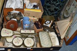 TWO BOXES OF ASSORTED SUNDRIES AND VINTAGE BEE KEEPING CLOTHING, to include a hat and veil,