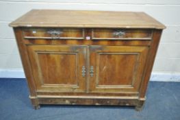 A FRENCH WALNUT SIDEBOARD, with two drawer and double panelled cupboard doors, width 31cm x depth