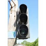 A SET OF MODERN TRAFFIC LIGHT with plastic front and shades width 40cm depth 42cm height 100cm (