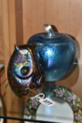 A GLASFORM JOHN DITCHFIELD OWL PAPERWEIGHT AND AN UNMARKED LARGE APPLE PAPERWEIGHT, both with an