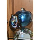 A GLASFORM JOHN DITCHFIELD OWL PAPERWEIGHT AND AN UNMARKED LARGE APPLE PAPERWEIGHT, both with an