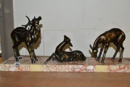 A FRENCH ART DECO FIGURINE OF THREE DEER ON A MARBLE PLINTH, length 55cm x height 23cm (1)