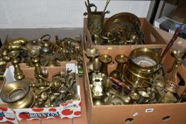 FOUR BOXES OF BRASSWARES, to include four planters, largest diameter 19cm, vases, candlesticks and a