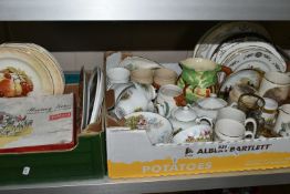 TWO BOXES OF CERAMICS, a collection of fox hunting themed ceramics to include a Regency china tea