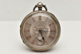 A LATE VICTORIAN SILVER OPEN FACE POCKET WATCH, key wound, silver floral detailed dial, Roman