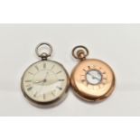 TWO POCKET WATCHES, the first a silver open face pocket watch, key wound movement, unsigned dial,