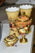 A COALPORT TWIN HANDLED PEDESTAL VASE AND COVER AND THREE PIECES OF AYNSLEY, the Coalport vase and