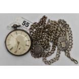 A SILVER OPEN FACE POCKET WATCH AND TWO ALBERT CHAINS, key wound pocket watch, round dial, Roman