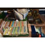 FOUR BOXES OF BOOKS, METAL WARES AND SUNDRY ITEMS, to include approximately one hundred children's