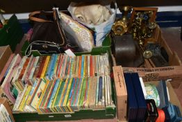 FOUR BOXES OF BOOKS, METAL WARES AND SUNDRY ITEMS, to include approximately one hundred children's